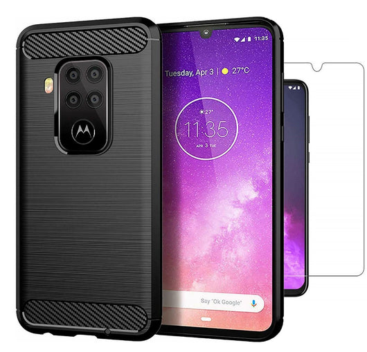 TGPro Motorola One Zoom Case Carbon Fibre Black & Glass Screen Protector