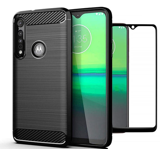 TGPro Motorola Moto G8 Play Case Carbon Fibre Black & Full Glass Screen Protector