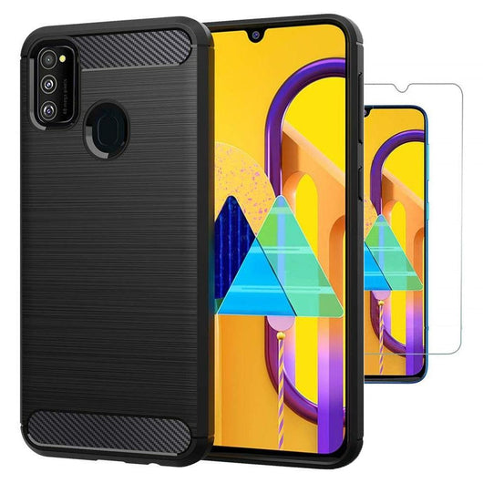 TGPro Samsung Galaxy M30s Case Carbon Fibre Black & Glass Screen Protector