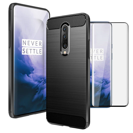 OnePlus 7 Pro Case Carbon Fibre Black & Full Glass Screen Protector - That Gadget UK