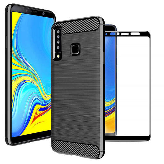 Samsung Galaxy A9 (2018) Case Carbon Fibre Black & Full Glass Screen Protector - That Gadget UK