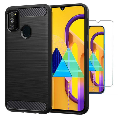 TGPro Samsung Galaxy M30s Case Carbon Fibre Black & Glass Screen Protector